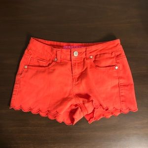 Coral orange denim shorts with Scalloped edges
